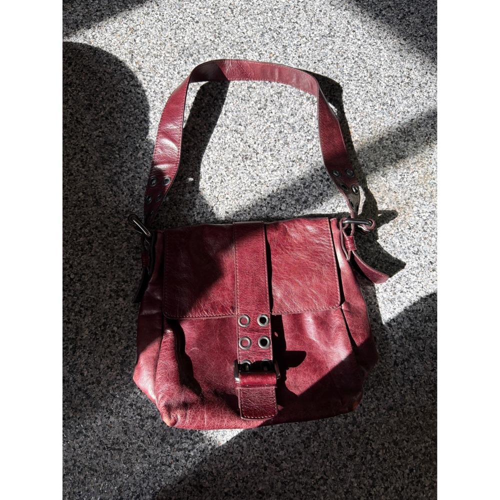 Francesco Biasia Burgundy Leather Shoulder Bag Grommet Buckle Flap Messenger